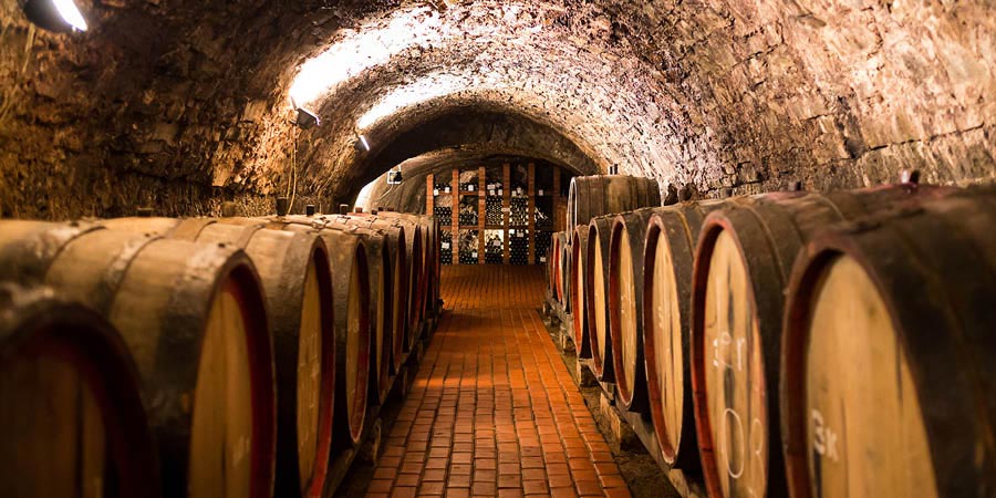 Port wine cellar full of barrels. 